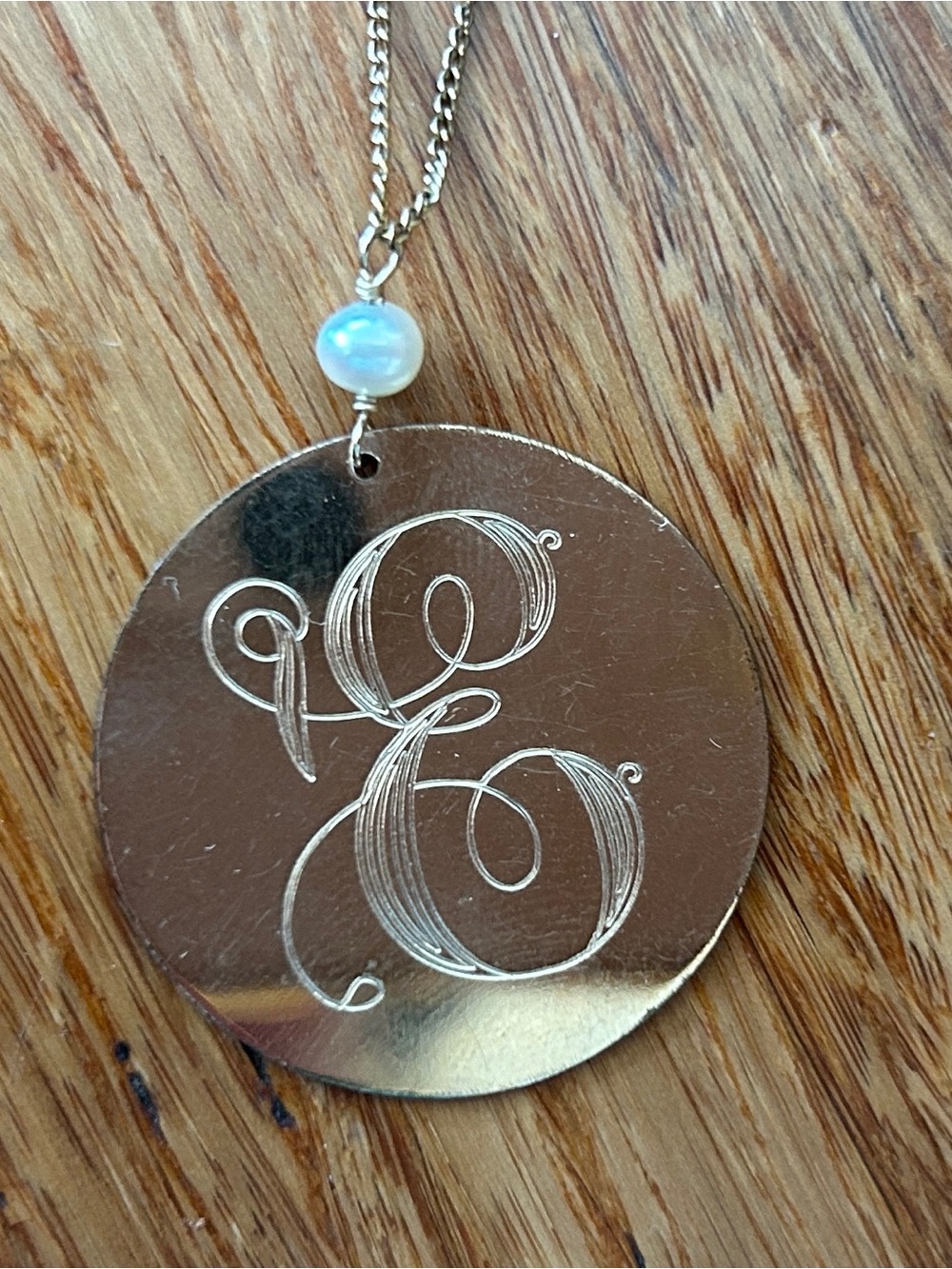 Vintage Engraved Gold filled and genuine pearl “E” necklace